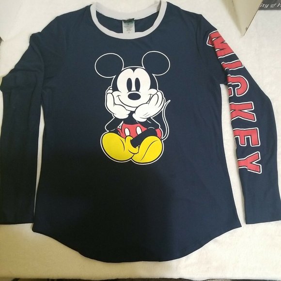 Mickey Mouse Womens Shirt JUNIORS MEDIUM Long Sleeve Navy Blue Fashion DISNEY - Picture 1 of 5
